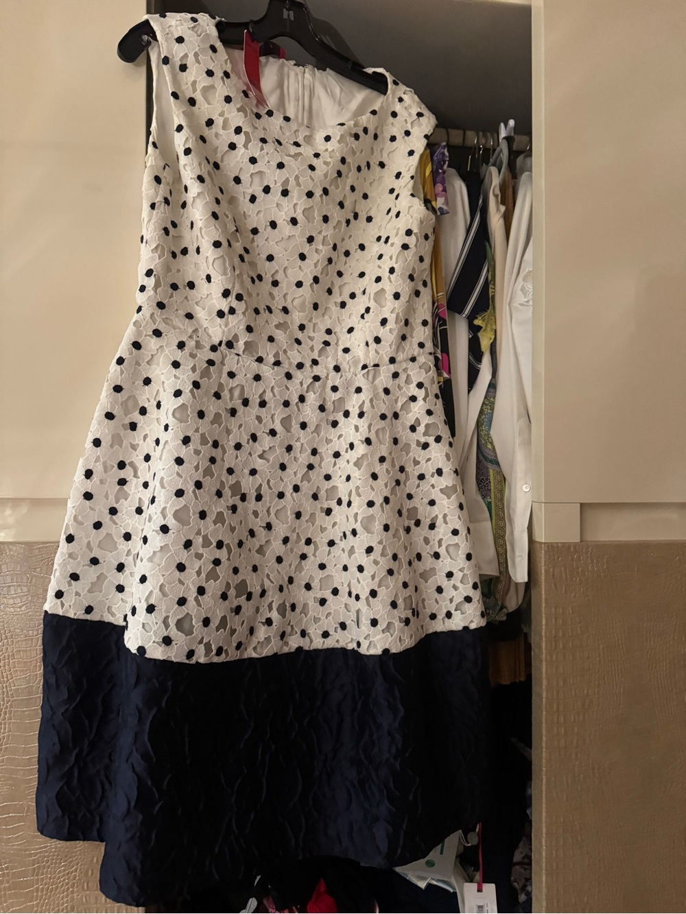 White Eyelet Dress with Navy Hem Carolina Herrera CH. dress size 10